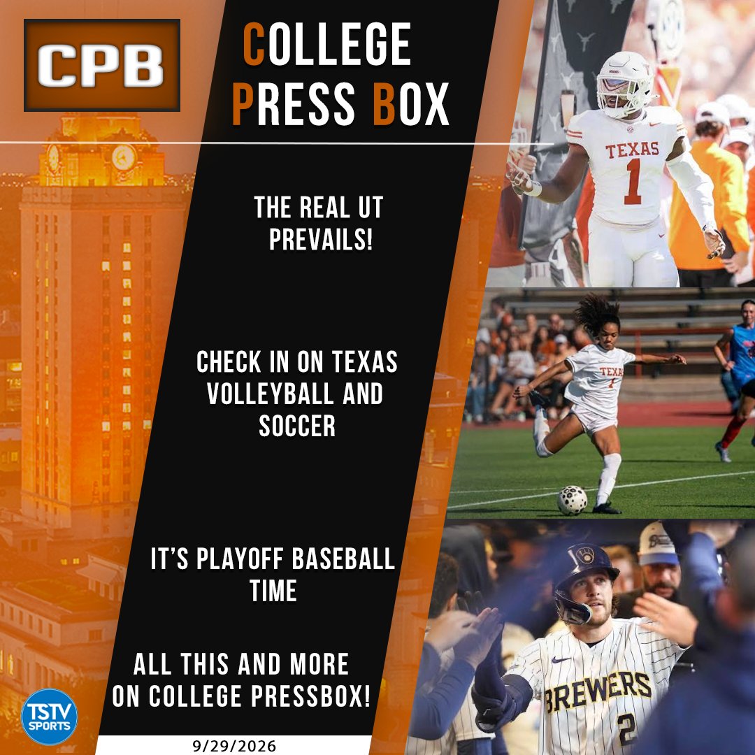 TSTVCPB's tweet photo. 🚨 College Press Box — Episode 4 🚨
🎥 Watch now 👉 https://t.co/E7miGkXFzs

Will The Real UT Please Stand Up.

- @texasfootball escapes Rocky Top with W
- A check in on @texasvolleyball and @texassoccer 
- Plus, an MLB postseason preview!

You don't want to miss it! @TSTVSports https://t.co/RfCLfM5TlK