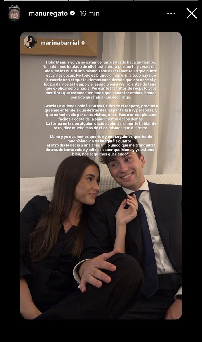 albammmedina's tweet photo. Marina Barrial y Manu Regato confirman su ruptura y, para ser una historia «simple y sencilla» de la que no quieren dar explicaciones, se han marcado dos comunicados, varias indirectas estas semanas y fotos monas para anunciarlo https://t.co/LZMZqapqKG