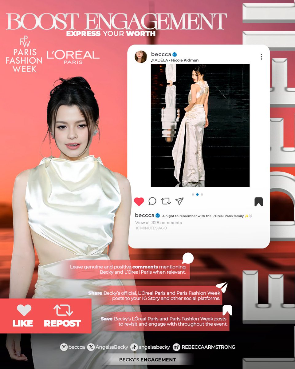 engagementbecky's tweet photo. ᯓ★ Boost This Post on Becky’s Instagram. 

₊ ⊹ Please leave meaningful. comments mentioning Becky and L’Oréal Paris, like the post, save and share it to help boost her reach.

Every interaction truly matters.

🔗 https://t.co/6AK542btxJ

REBECCA LE DEFILE LOREAL PARIS26
#LeDefileLOrealParis2026xBecky
#beckysangels #BeckyArmstrong
#RebeccaxLOrealParis #LeDefileLOrealParis #LOrealParisTH