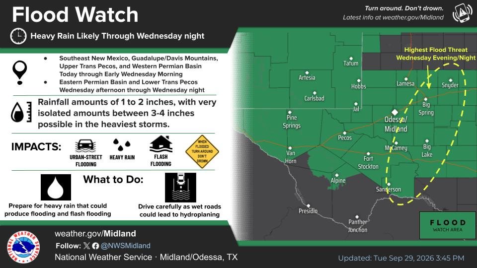 NWSMidland's tweet photo. Showers/storms will spread over much of W TX &amp; SE NM late this afternoon thru tonight. Deep moisture associated with the remnants of Polo will bring potential for heavy rain &amp; flash flooding along with a few severe storms. The severe/heavy rain threat shifts east Wed. #MAFwx https://t.co/MS6iQBEsBt