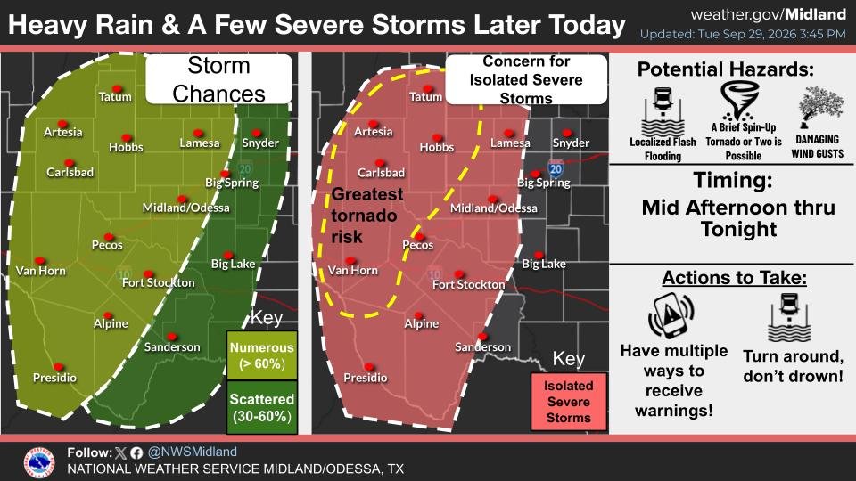 NWSMidland's tweet photo. Showers/storms will spread over much of W TX &amp; SE NM late this afternoon thru tonight. Deep moisture associated with the remnants of Polo will bring potential for heavy rain &amp; flash flooding along with a few severe storms. The severe/heavy rain threat shifts east Wed. #MAFwx https://t.co/MS6iQBEsBt