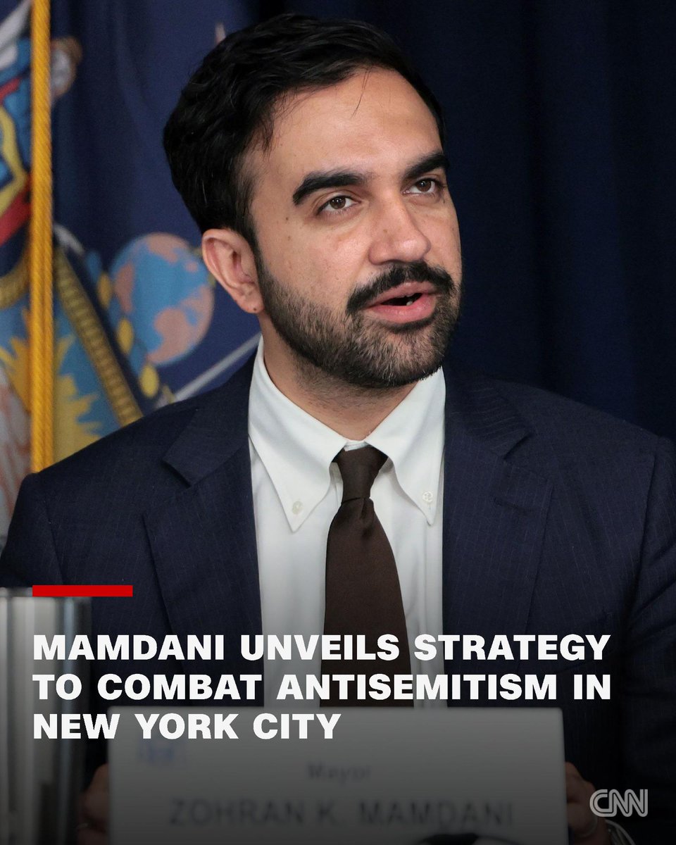 CNNPolitics's tweet photo. New York City Mayor Zohran Mamdani announced a strategy to combat antisemitism, including tens of millions of dollars in funding for hate crime prevention and Jewish cultural centers. https://t.co/m4fzyEUkmi https://t.co/9AiFkENO5h