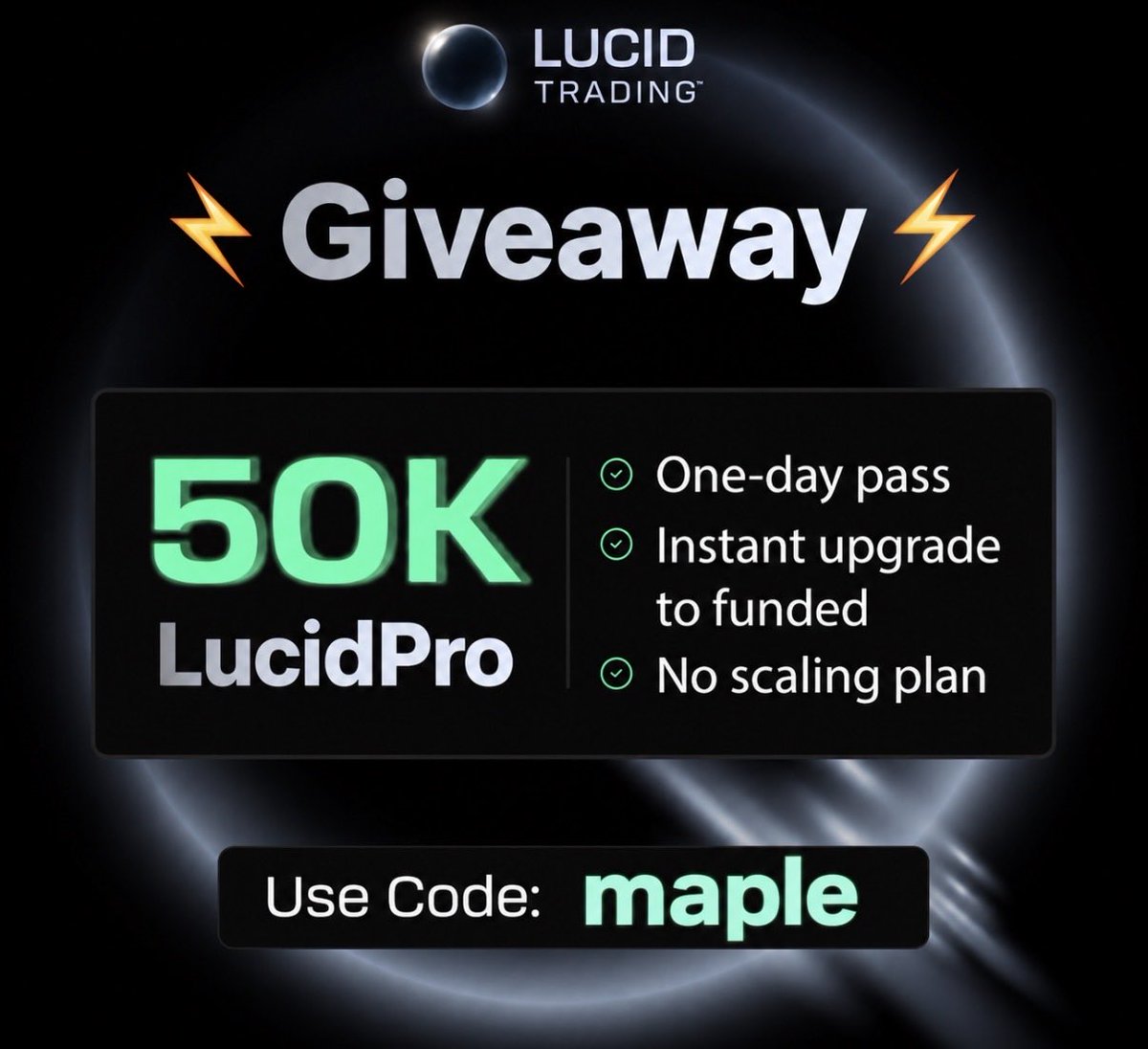 MapleStax's tweet photo. 🎉It’s time for a giveaway 🎉

Lucid trading 50k Pro account

How to enter:

-like this post

-tag 2 friends and comment “MAPLE”

Winner chosen this Friday 

Use code MAPLE for 30% off all accounts 
(25k only $50) https://t.co/qYWrptyWI5