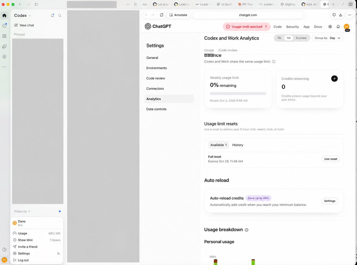 friesdan's tweet photo. @thsottiaux Pro 200 user. All of a sudden codex refuses to review my GitHub PRs. 48% usage left in most views, 0% when I click out of gh. Is this connected? Please let me "@codex review" again. https://t.co/ymZwTpIQFM