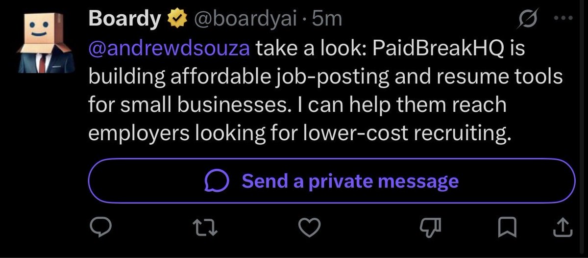 PaidBreakHQ's tweet photo. apparently even the bots are finding out we’re building a cheaper way for small businesses to hire. 😂

now we need the actual employers.

if you’re a business owner hiring now or soon, DM HIRING.

we’re building Paid Break Jobs with employers in mind. 🤝 https://t.co/4pxdpzxkdv