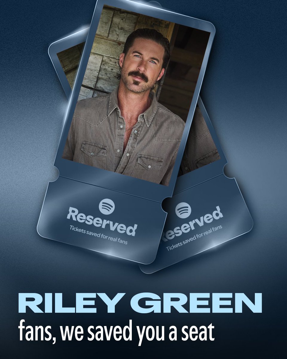 Spotify's tweet photo. .@RileyGreenMusic fans, do we have news for you 🎫 A few top listeners will be selected for a special Reserved ticket offer. Keep an eye out for a notification or email from Spotify to see if you are a lucky listener.

Reserved for eligible Premium subscribers only. Up to 2 tickets, for purchase. Select tours. Limited availability; not guaranteed. Fees apply. Non-transferable. Sold by third parties, subject to terms. See https://t.co/oFeBWNgMFx for details.