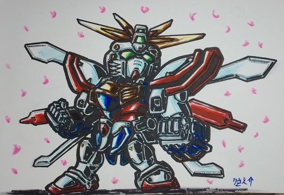 sudouryu's tweet photo. おはようございます🌅
今日9月30日は機動武闘伝Gガンダム 第24話『新たなる輝き！ゴッドガンダム誕生』が94年に放送されました📺✨

というとで｢ゴッドガンダム｣を描きました🔥🖖🔥

後期オープニングのラストシーンが好きなので、そのイメージで描きました🌸

本日もよろしくお願いします(*^▽^*) https://t.co/hqddk6Ck6v