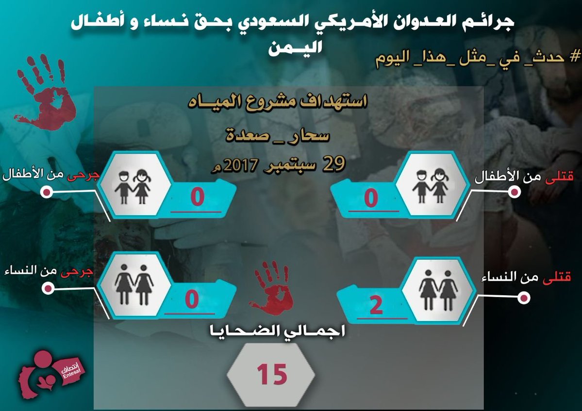 entesaf2's tweet photo. #لن_ننسى #حدث_في_مثل_هذا_اليوم #جرائم_العدوان_الأمريكي_السعودي بحق نساء و أطفال اليمن 29/ سبتمبر/2017م
استهداف مشروع المياة بمنطقة سحار محافظة #صعدة
وكانت حصيلة الضحايا (15) بينهم
القتلى امرأتين
#أمريكا_تقتل_الشعب_اليمني
#منظمة_انتصاف
#Entesaf_Org
https://t.co/JZ2Er3QdzA https://t.co/I0a19GIVnp