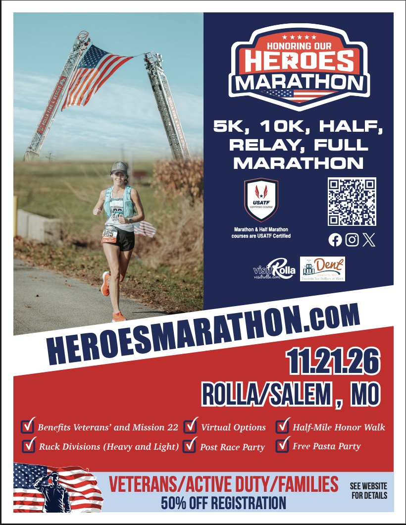 HalfMarathonUSA's tweet photo. Haven't done a race in Missouri? Let us be your first! If you register by seeing this post, you can use code HALF for 25% off registration.  The 11th annual Honoring Our Heroes Marathon takes place on November 21st in Rolla, MO. https://t.co/pl311BpjMq 

-   All proceeds benefit veteran organizations. Organizations that we have supported include Mission 22, AUSA's Warrior in Need Fund, the Woody Williams Foundation, and many local veteran organizations in Missouri.
-   Veterans, active military, spouses, and their dependents receive 50% off registration.
-   We offer 5K, 10K, half marathon, marathon relay, and marathon options, as well as ruck divisions.
-   Our half and full marathons are Boston Qualifying, and our courses are USATF certified.
-   Our courses are in the beautiful, hilly, rural country, but they are almost entirely paved. They can offer you a challenge, though!
-   The marathon winner gets their name on the MO Governor's Cup!

#halfmarathon #runMissouri #Missourihalfmarathons #running