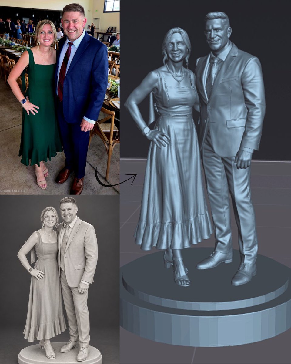 cusmax_'s tweet photo. From Photo to 3D Couple Sculpture 🗿✨

Turned a beautiful couple’s photo into a detailed, print-ready 3D sculpture. From reference image to a personalized keepsake, modeled with attention to their pose, outfits, and details.

#3DModeling #3DPrinting #CustomSculpture #3DArt https://t.co/9c8fw0wB6X