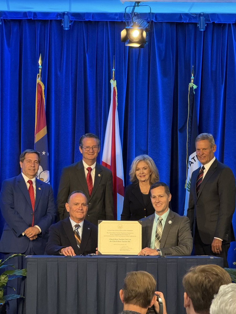 RepTimBurchett's tweet photo. Nuclear energy is critical to our national security and creates well-paying American jobs. Today’s construction permit for TVA’s Clinch River project is a major step forward for East Tennessee and America’s nuclear future. https://t.co/yrgdM0Xpez