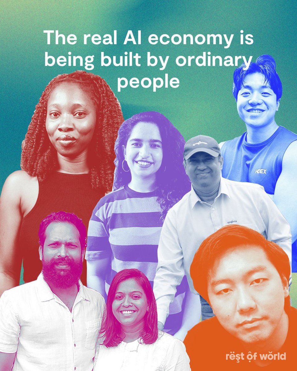 restofworld's tweet photo. What does AI look like when it becomes part of someone's actual job? 

Rest of World followed six people across Asia and Africa using AI to build tools, run businesses, conduct research, and make creative work https://t.co/TahrDjKOHp https://t.co/bCULKxdXMf