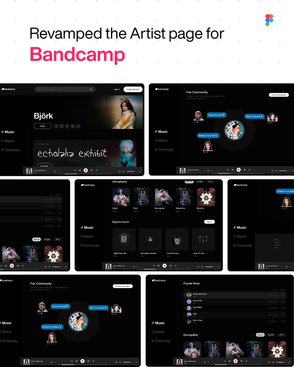 AndrewJeyaUX's tweet photo. Redesigned Björk's @Bandcamp  artist page this weekend 🎧

Old page: identity lost on scroll, boxed layout, no sort/filter, merch and community buried, weak CTAs.

New version: sticky player, full width layout, filterable discography, handwriting font hero, built as a reusable https://t.co/Lyh7z5sXCR