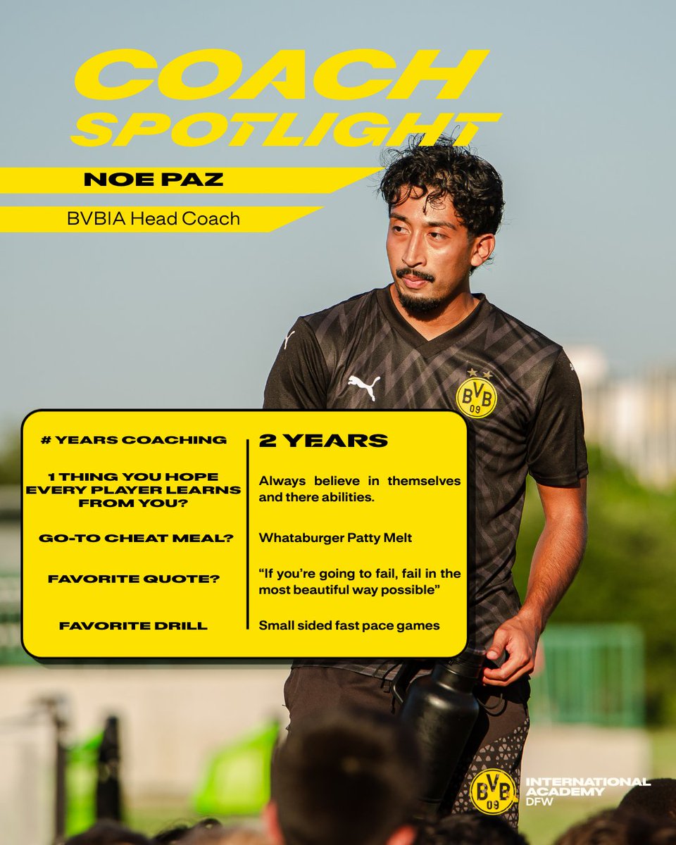 BVBIADFW's tweet photo. COACH SPOTLIGHT🔥 Coach Noe Paz 

Year 3 on the pitch and bringing high-energy leadership to our teams every single week!

Check out the graphic for his full rapid-fire Q&amp;A ➡️

#bvbiadfw #bvbiacoachspotlight #hejabvb https://t.co/BXg0GRfvSf