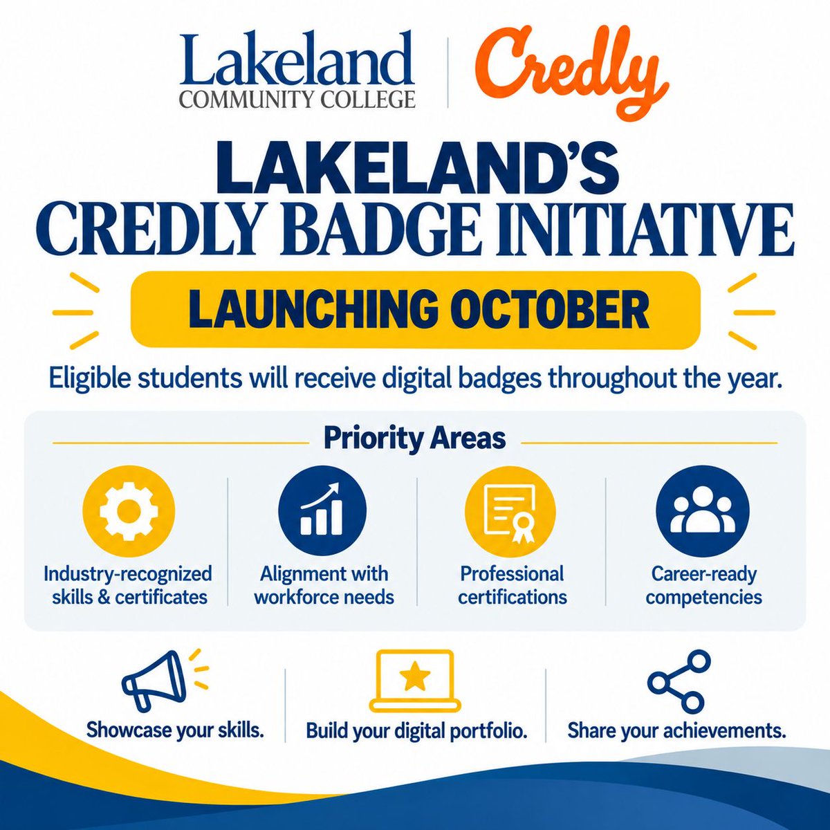 LakelandCommCol's tweet photo. Big news! Lakeland Community College is launching its Credly Badge Initiative this October!

Eligible students will receive digital badges throughout the year to recognize the skills, certifications, and achievements they are gaining at Lakeland.

#Credly #WorkforceDevelopment https://t.co/GvbYYSHsww