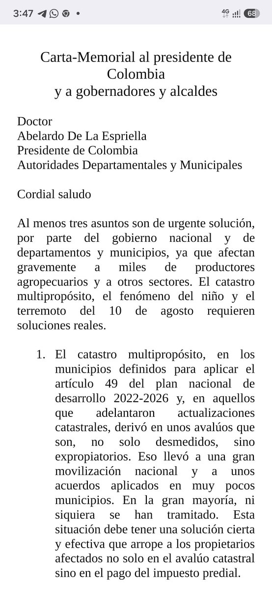 Dignidad_Agro's tweet photo. Invitamos a conocer la Carta-Memorial Ciudadano, dirigida alpresidente Abelardo de la Espriella y a Gibernadores y Alcaldes donde se slmicita una reunión para explicar y buscar soluciones serias y reales a tres graves asuntos que afectan a millones de colombianos.

Catastro multipropósito, fenómeno del niño y terremoto.

Las organizaciones y las personas naturales espera el gobierno se reuna con ellos.

Ayúdenos a conseguir firmas de respaldo a esta iniciativa ciudadana.