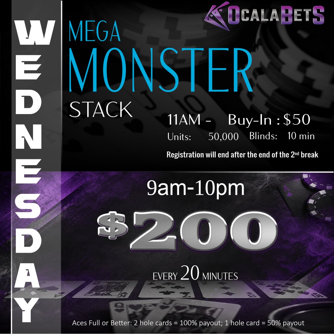 OcalaBets's tweet photo. Unleash your poker skills!
Join the Mega Monster Stack this Wednesday and then there are $200 high hand payouts every 20 minutes! Are you ready to go all-in? Let's make it epic! ๐๐ฅ
#PokerNight #MegaMonsterStack #WinBig #OcalaBetS https://t.co/l2ZIxN6YVY