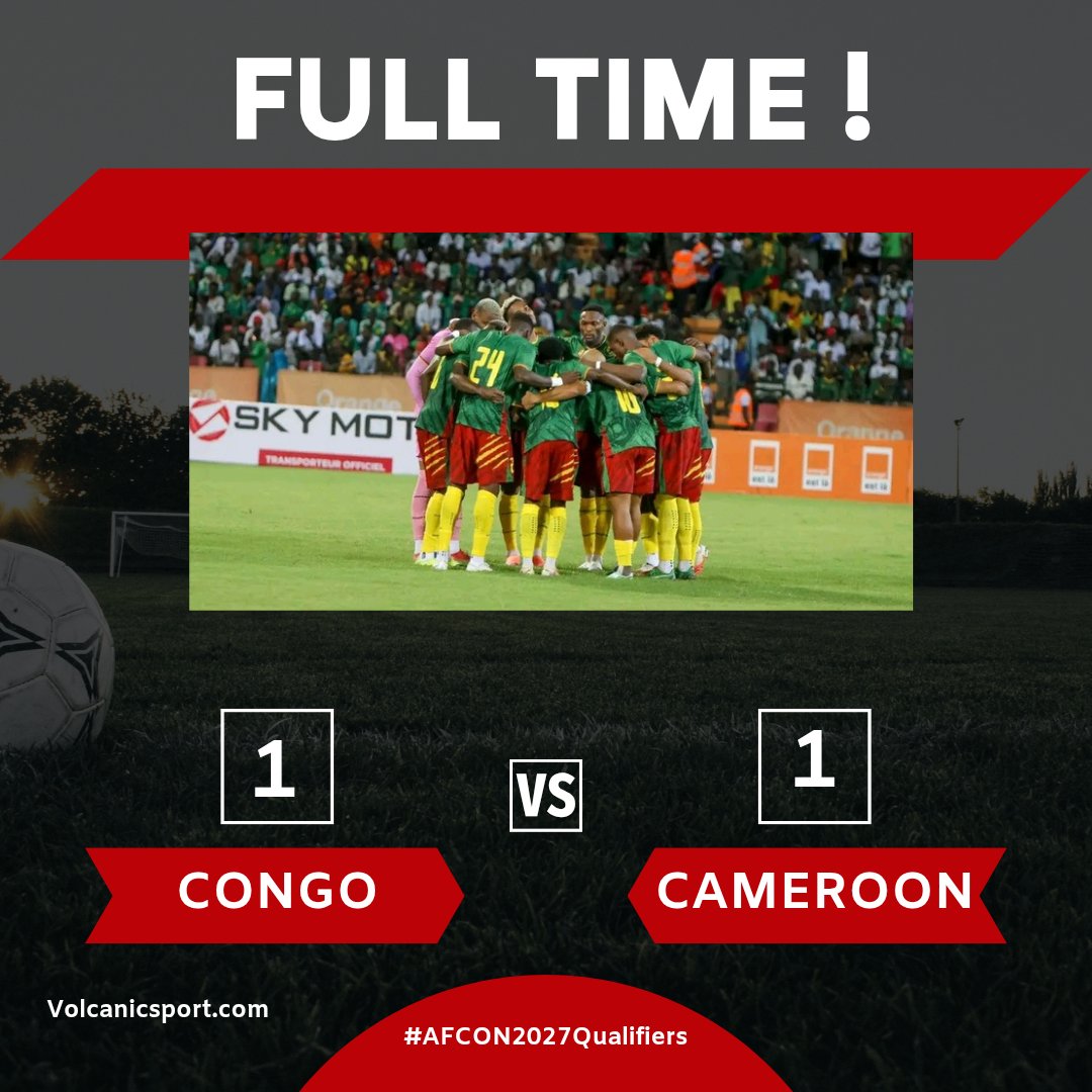 IsifuW's tweet photo. 🚨Congo and Cameroon share the spoils 🤝
FT: CONGO 🇨🇬 1️⃣-1️⃣ 🇨🇲 CAMEROON
#AFCON2027Qualifier
#Cameroon
#CAMEROUN237
#CongoVsCameroun
#CongoCameroun
#congobrazzaville242
#Congo
#CAF
#qualifierseries https://t.co/TI2FC5fCGf