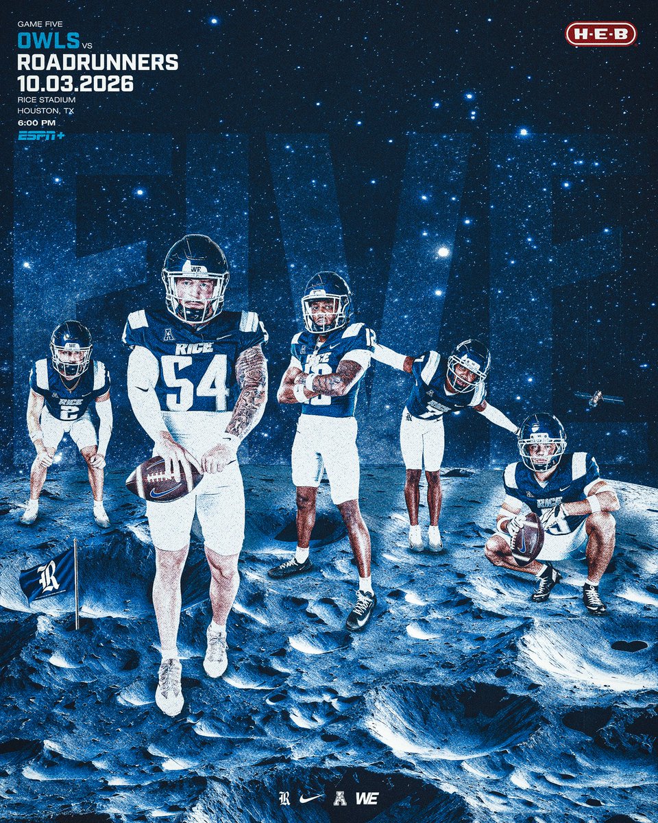 RiceFootball's tweet photo. GAME 5️⃣

🆚 UTSA
🗓️ Saturday, Oct. 03
🕛 6:00 PM
📺 ESPN+
🎟️  https://t.co/1i0lXqahkI

#WE | #ReptheR https://t.co/vxUBeOkHhq