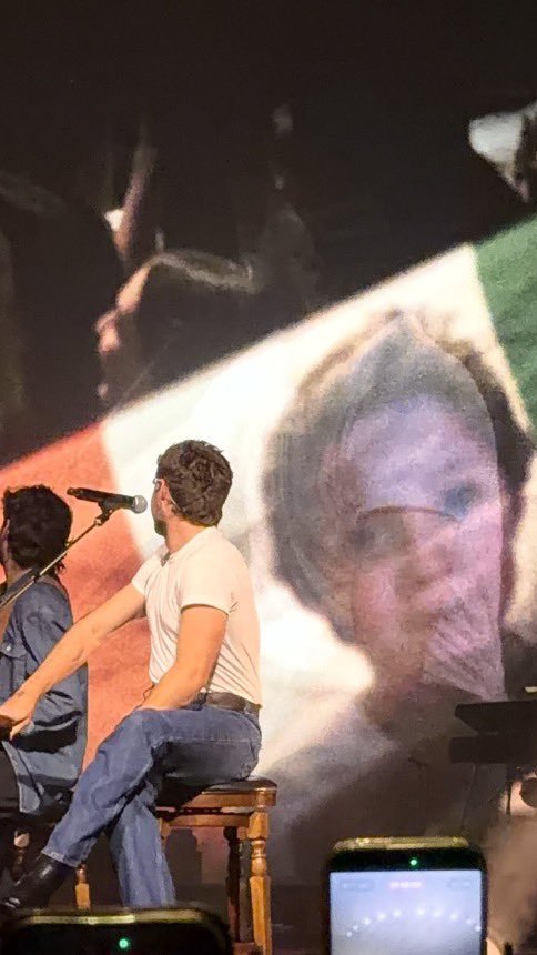 niallontours's tweet photo. Niall on stage tonight looking at an Irish flag with a photo of his younger self! https://t.co/e09YdAKIjU