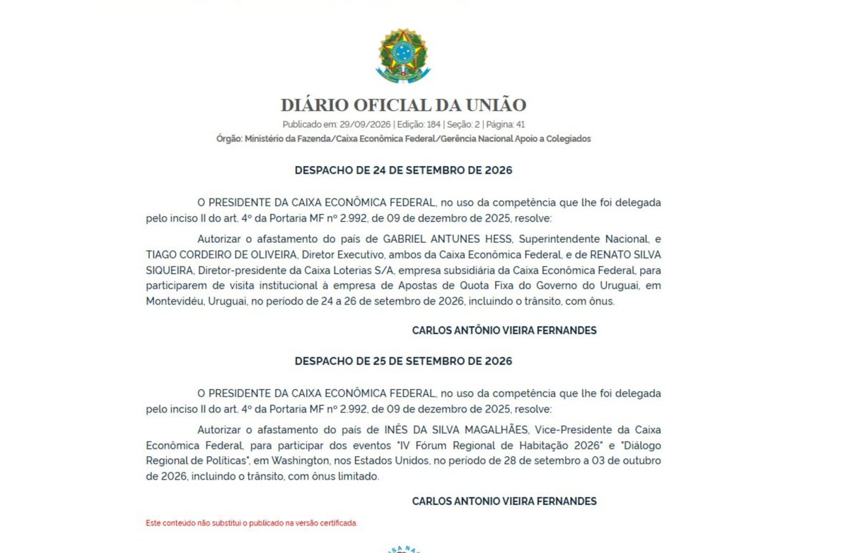 betnews's tweet photo. ATENÇÃO: Caixa mandou dirigentes ao Uruguai para visitar operadora de bets na semana em que o governo proibiu o setor no Brasil.🚨

Segundo a matéria do @TheIncorrupt_, Caixa Econômica Federal autorizou três dirigentes a viajar a Montevidéu, no Uruguai, para uma visita institucional à empresa de bets de quota fixa do governo uruguaio. A autorização saiu em despacho assinado pelo presidente do banco, Carlos Antônio Vieira Fernandes, datado de 24 de setembro e publicado no Diário Oficial da União desta terça (29).

Segundo o documento, viajaram Gabriel Antunes Hess (Superintendente Nacional), Tiago Cordeiro de Oliveira (Diretor Executivo) e Renato Silva Siqueira (Diretor-presidente da Caixa Loterias). O período foi de 24 a 26 de setembro, com custos pagos pela Caixa. O despacho fala apenas em visita institucional e não detalha o que foi discutido.

A viagem aconteceu poucos dias depois de Lula se reunir com o presidente uruguaio, Yamandú Orsi, em Nova York, no dia 21. Na ocasião, Lula disse ter interesse em conhecer a experiência do Uruguai na regulamentação das bets. Na sexta (25), em plena viagem dos dirigentes, o presidente assinou a MP que proíbe as bets de quota fixa no Brasil.

O Uruguai tem uma única plataforma autorizada de bets esportivas, a Supermatch, sob supervisão do Estado, sem abertura para operadores privados como no Brasil. A Caixa Loterias, por sua vez, tem autorização da Fazenda desde julho de 2025 para explorar bets de quota fixa e já disse que analisa oportunidades no setor. As loterias tradicionais da Caixa, como Mega-Sena e Quina, ficam fora da proibição.