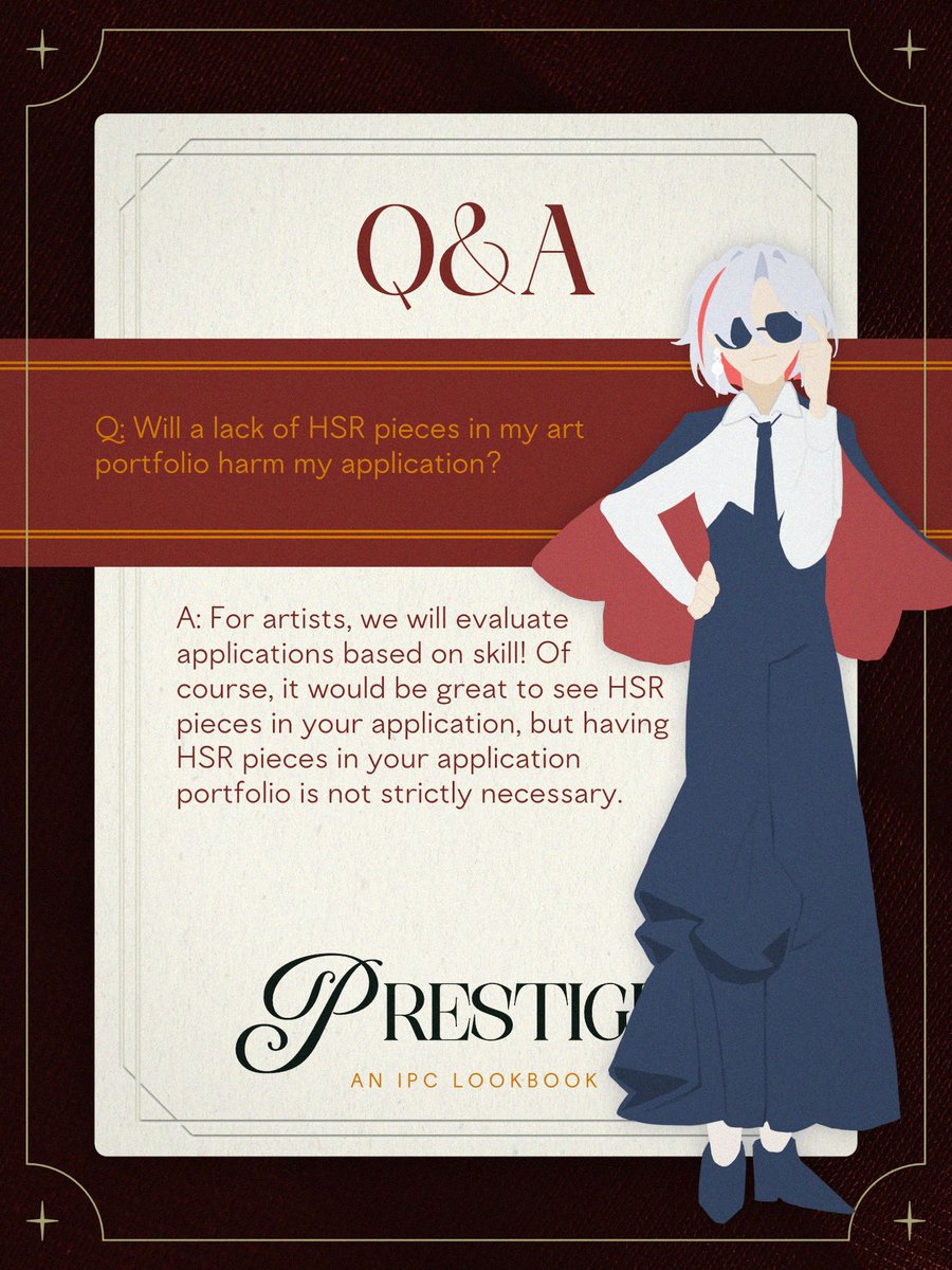 ipczine's tweet photo. 💎 Q&amp;A 💎

Q: Will a lack of HSR pieces in my art portfolio harm my application?
A: Not at all, we are evaluating based on skill. Please prioritize your best work! We'd love to see HSR pieces, but it's not necessary. https://t.co/pmT3sOMBgf