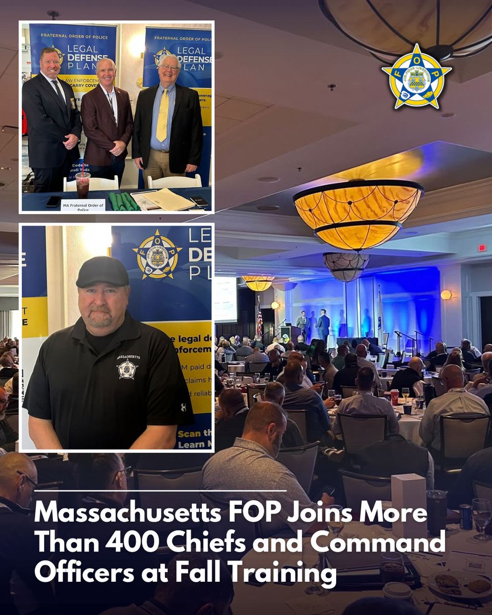 GLFOP's tweet photo. The Massachusetts Fraternal Order of Police was represented at the Massachusetts Chiefs of Police Association Fall Training in Norwood, bringing the FOP perspective to a room of more than 400 chiefs and command officers.

Massachusetts FOP Vice President Rich Shailor spent the day speaking with law enforcement leaders alongside attorneys Scott Dunlap and Austin Joyce.

Events like this provide an opportunity for members of the FOP to connect with law enforcement leadership from across the state, share perspectives and strengthen relationships across the profession.

And, of course, no Massachusetts law enforcement event would be complete without giving the cakes some credit, too.

Source: Massachusetts Fraternal Order of Police, used for informational purposes.

#MassFOP #LawEnforcement #PoliceLeadership #FOP #Massachusetts