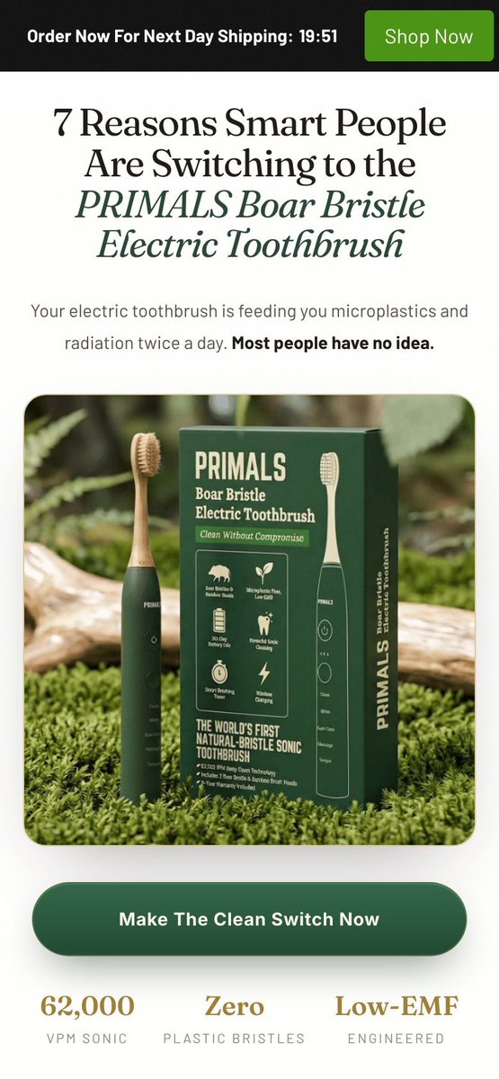 vilobatirkedis's tweet photo. Primals turns the reason you bought an electric toothbrush into the reason to replace it

- Listicle https://t.co/4UzNKZS35y
- Comparison https://t.co/N8jlThyQJX

Their reader already owns a sonic brush and thinks it's the healthy choice

Reason 1 goes after the sonic motor itself: "The electric motor grinds the nylon even faster"

The feature he paid extra for is now the thing making it worse

The headline adds "Most people have no idea"

That line lets him off the hook for buying it

The part I like most is reason 2

The second you scare someone off his current product, he goes looking for the obvious swap

For toothbrushes that's castor oil bristles

Primals shuts that door before he opens another tab: castor oil bristles are still nylon

Then they hand the power back with the same sonic clean

Switching costs him nothing he liked

And the guy who won't throw away a Sonicare gets his own page

It sells only the bristle heads that click onto the handle he already owns

If your product replaces something your buyer already owns:

- Make its main selling point part of the problem
- Kill the obvious alternative before he goes looking
- Give owners a cheaper way in that works with what they have