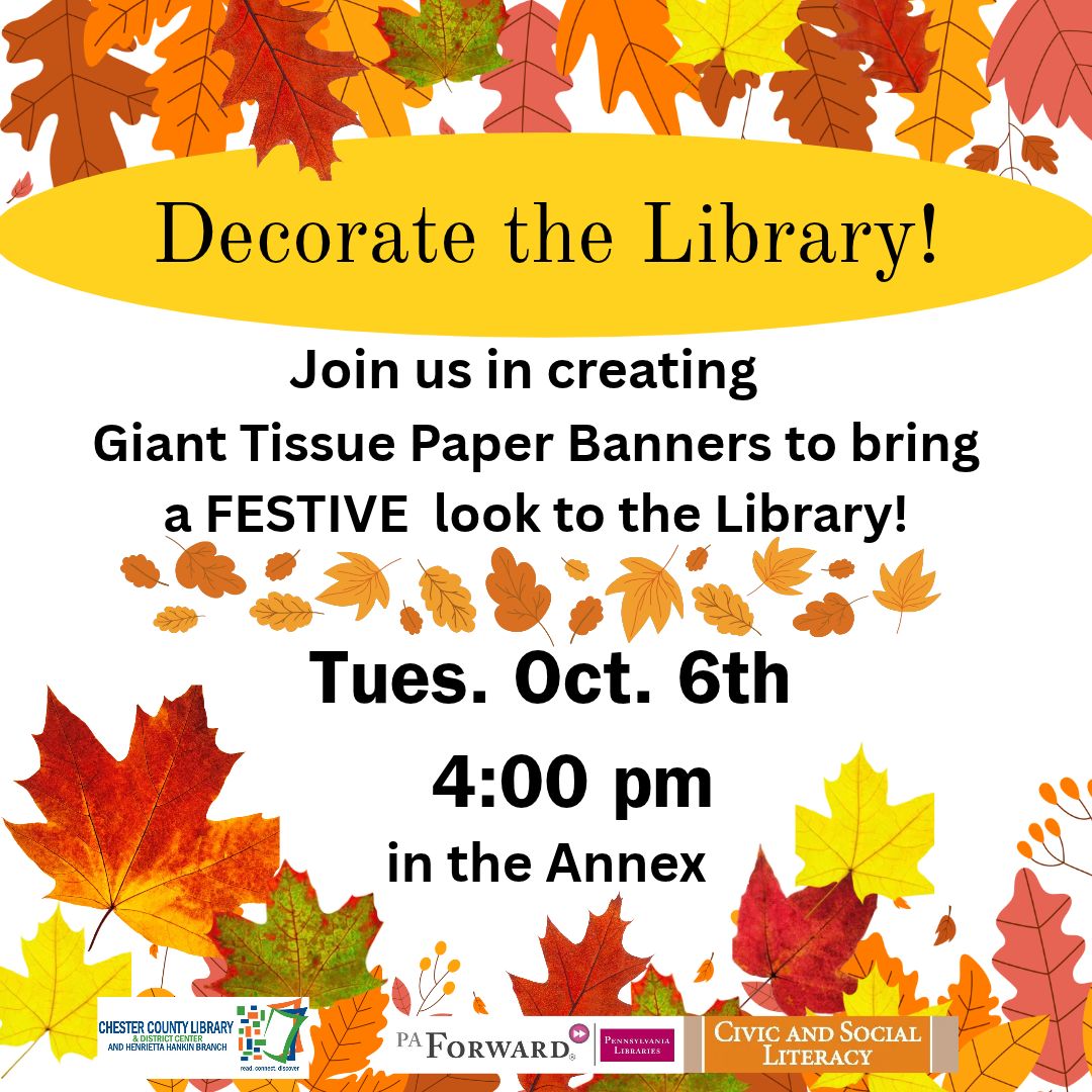 HankinLibrary's tweet photo. Join us in creating giant tissue paper banners to bring a FESTIVE look to the Library for Fall! For adults &amp; families with children ages 12 and up. Light refreshments will be provided. Please register for our headcount! https://t.co/DhrIObg2mu https://t.co/EQYFc9X9YF