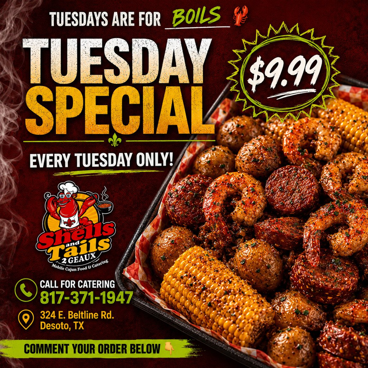ShellsNTails2Go's tweet photo. Tuesdays are for BOILS! π¦π₯
Don't miss our $9.99 Tuesday Special at Shells and Tails 2 Geaux! π€€β¨
Comment your order below! ππ¬
π 324 E. Beltline Rd., DeSoto, TX
π 817-371-1947
π https://t.co/dekY8vB9IV
#TuesdaysAreForBoils #TuesdaySpecial #ShellsAndTails2Geaux https://t.co/KMbE9Kc8ui
