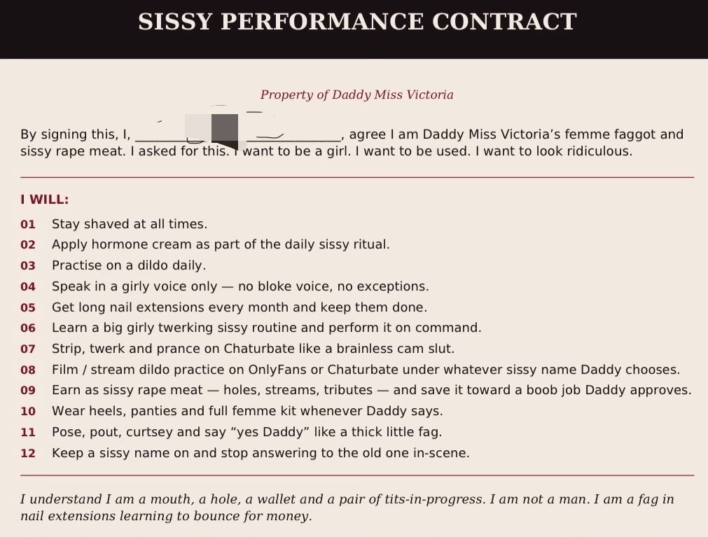 TheMeanQueens's tweet photo. Another cocksucker signed the paperwork and now the schedule begins. hormone cream to grow sissy titties, Chaturbate strip for strangers, daily twerk drills, smooth & prissy at all times. Essential training for a brainless sissy bimbo doll. Rape meat with a rota. 🥩

FINDOM FEMDOM FORCEDBI