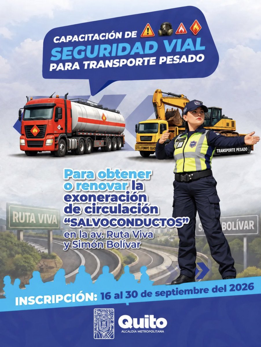 AMT_Quito's tweet photo. ⚠️ #AMTInforma | 

🚛 Si conduces un vehículo de transporte pesado y necesitas circular por la av. Simón Bolívar y Ruta Viva durante los horarios de restricción, recuerda que debes obtener tu salvoconducto.

📚 Participa en la capacitación de Seguridad Vial para Transporte Pesado, disponible del 16 al 30 de septiembre de 2026.

👉 Inscríbete aquí: https://t.co/Zttcc2egWc

#CadaVidaCuenta 💙