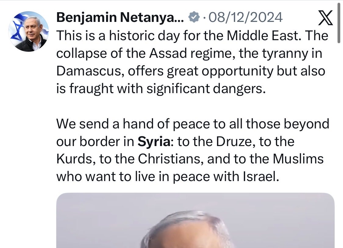 zahanison's tweet photo. @ShaykhSulaiman Assad was a tyrant undoubtedly but satanyahu was happy with his removal. Why would he be happy unless he knew the one taking over would favor him? https://t.co/SfltwuFuMT