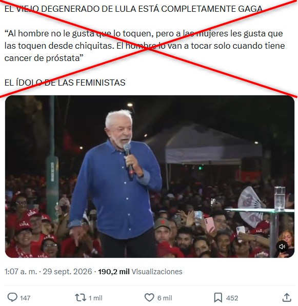 AfpFactual's tweet photo. 🇧🇷 Es falso que en este video Lula da Silva dijo que "a las mujeres les gusta que las toquen desde chiquitas".  

🔍 En realidad, el mandatario brasileño comparaba la resistencia masculina a los exámenes de prevención de cáncer con la femenina.

➡️ https://t.co/UjMoxz3SbT https://t.co/gMKtkfTsaa
