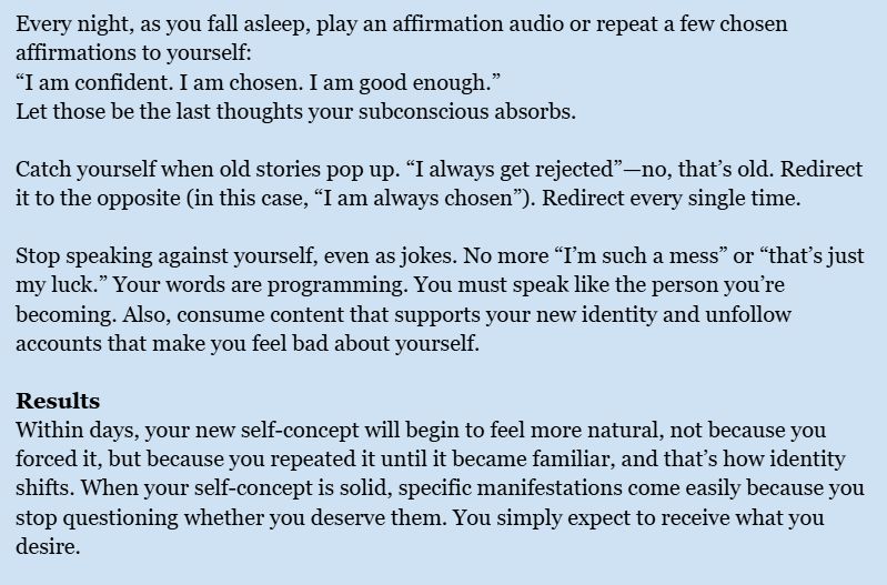ByAveline_'s tweet photo. 💫💖 HOW TO FIX YOUR SELF-CONCEPT 💖💫

Short guide on how to fix your self-concept in 3 days and make manifestation 1000x easier. I originally planned to write this as a thread, but this topic deserves a more in-depth format and I had too much to write about. https://t.co/63fnT1YZQC