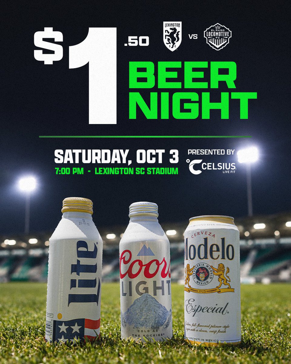 LexSporting's tweet photo. Saturdays are for the BEERS 🍻

Get ready to cheers to these deals all match long:
🍺 Coors Light (16 oz) - $1.50
🍺 Miller Lite (16 oz) - $1.50
🍺 Modelo (16 oz) - $2.00

🎟️ https://t.co/bpli6BXyV8 https://t.co/X6jhwPm6n0