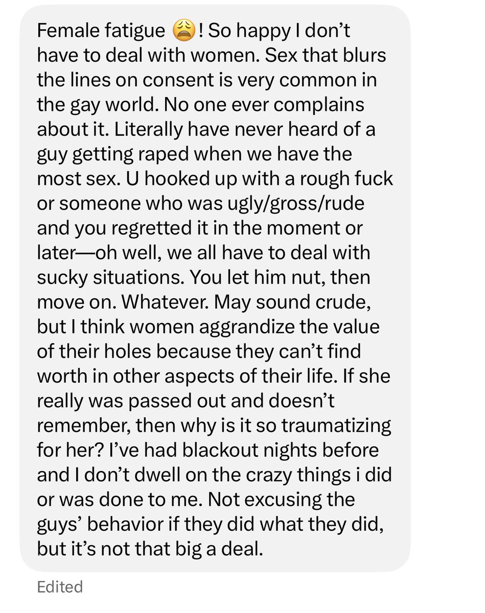 WestsideLAGuy's tweet photo. Gay friend on the Cornell Seven bogus “rape” case. Gay men are objective &amp; are able to assess sex dispassionately. They know what the game is, hence why rape charges within gays is virtually nonexistent. Women have a lot to learn from them. https://t.co/SphGehEeG1