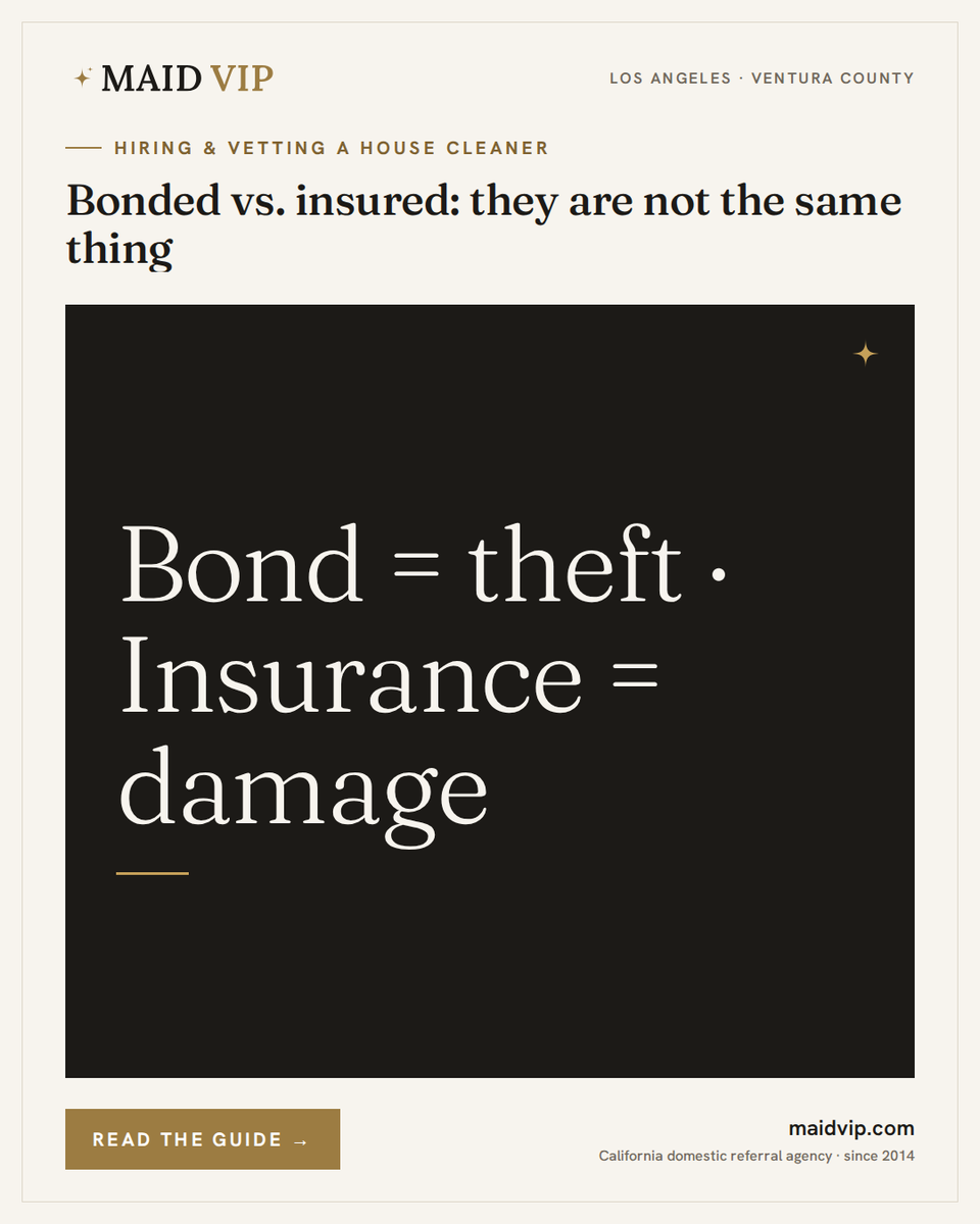 MaidVIP's tweet photo. Bonded vs. insured: a janitorial or fidelity bond covers theft by the worker; general-liability insurance covers accidental damage to your home. A bond is not liability insurance and does not cover accidents.

https://t.co/p2gYRbqEUI https://t.co/wzM9u9u460