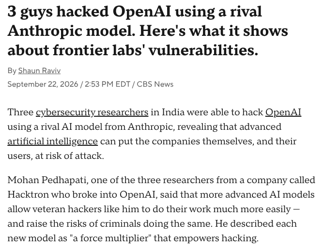 Mayhem4Markets's tweet photo. Just so I am completely clear on who is telling us about which models are and are not safe, is this really the same Anthropic that a team of three hackers used the AI model of to compromise rival OpenAI? https://t.co/lQSoNw8r11