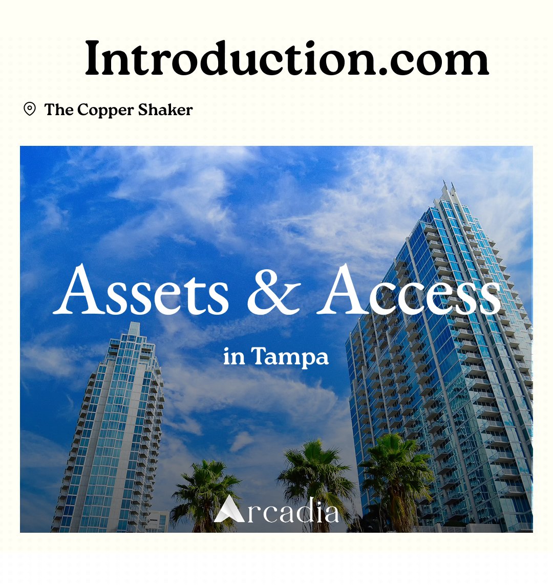 introductioncom's tweet photo. One introduction can change your life.

Thursday Oct 1. 7pm to 9pm.

We are back in Tampa for our Assets and Access series: different cities across the globe, bringing founders, investors, and executives into one room.

Meet leaders from @GoldmanSachs, @a16z, @GlobalStake, @Securitize, and many more.

Apply to attend 👇