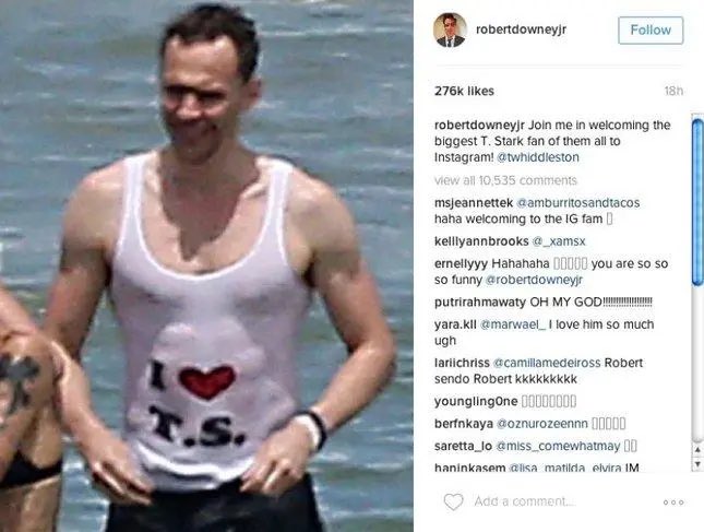 _Margvel's tweet photo. Esa vez que Robert Downey Jr. compartió una foto de Tom Hiddleston cuando salía con Taylor Swift y dijo que las iniciales eran por Tony Stark 😭😭 https://t.co/qxhYDESANi