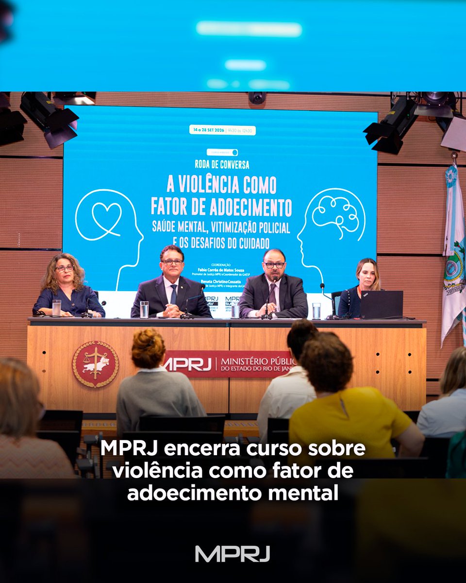 MP_RJ's tweet photo. SAÚDE MENTAL | O #MPRJ encerrou, nesta segunda-feira (28/09), curso que abordou a violência como fator de adoecimento mental.

Entre outros temas, a “Roda de Conversa – A Violência como Fator de Adoecimento: Saúde Mental, Vitimização Policial e os Desafios do Cuidado” abordou as reflexões sobre os impactos da violência na saúde mental dos profissionais de segurança pública; os casos de suicídio nas forças policiais; e os riscos da atividade e as repercussões da vitimização policial na saúde mental das vítimas e de seus familiares.

🔗Saiba mais: https://t.co/dCAWV71oen 

#MinisterioPúblico #SaúdeMental #ParaTodosVerem
