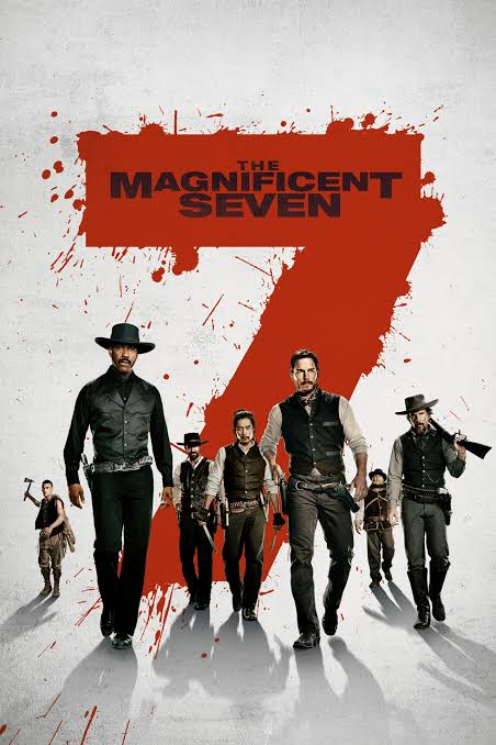 The movie poster for 'The Magnificent Seven' featuring a large red '7' with seven gunfighters in western attire standing below it.