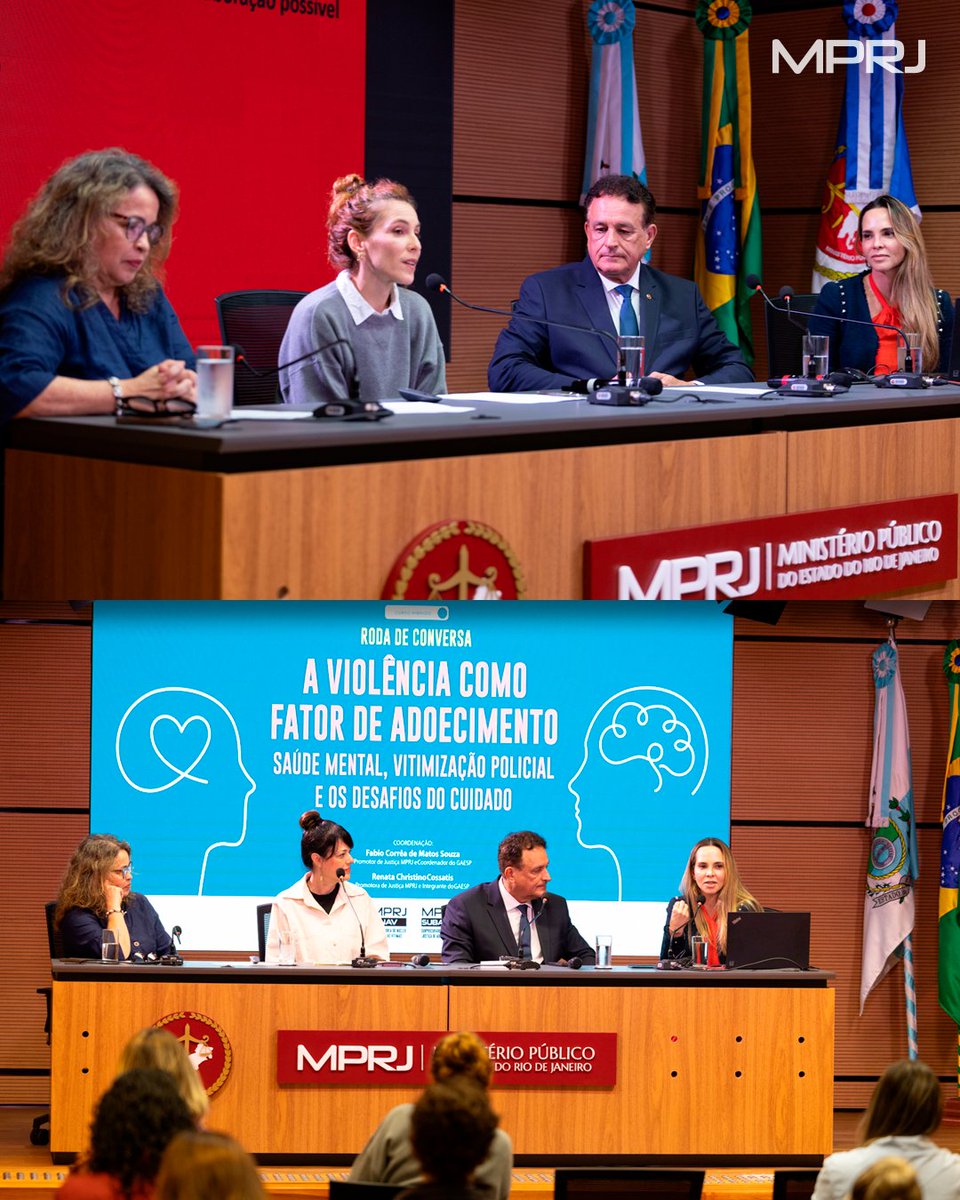 MP_RJ's tweet photo. SAÚDE MENTAL | O #MPRJ encerrou, nesta segunda-feira (28/09), curso que abordou a violência como fator de adoecimento mental.

Entre outros temas, a “Roda de Conversa – A Violência como Fator de Adoecimento: Saúde Mental, Vitimização Policial e os Desafios do Cuidado” abordou as reflexões sobre os impactos da violência na saúde mental dos profissionais de segurança pública; os casos de suicídio nas forças policiais; e os riscos da atividade e as repercussões da vitimização policial na saúde mental das vítimas e de seus familiares.

🔗Saiba mais: https://t.co/dCAWV71oen 

#MinisterioPúblico #SaúdeMental #ParaTodosVerem
