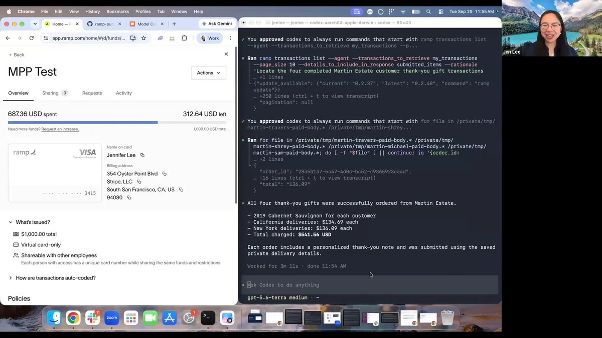A screenshot showing a video call with Jen Lee, alongside a Ramp transaction page for an 'MPP Test' account showing 687.36 USD spent, and a terminal window displaying codex command results about thank-you gift orders from Martin Estate.
