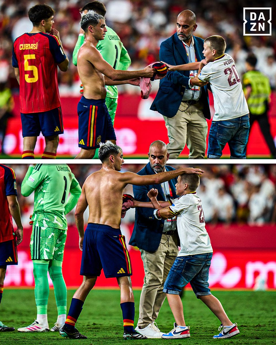 DAZNFutbol's tweet photo. El bonito gesto de Pedri con un niño ❤️‍🩹🇪🇸

#NationsLeaguexDAZN https://t.co/CXs21bhdQQ