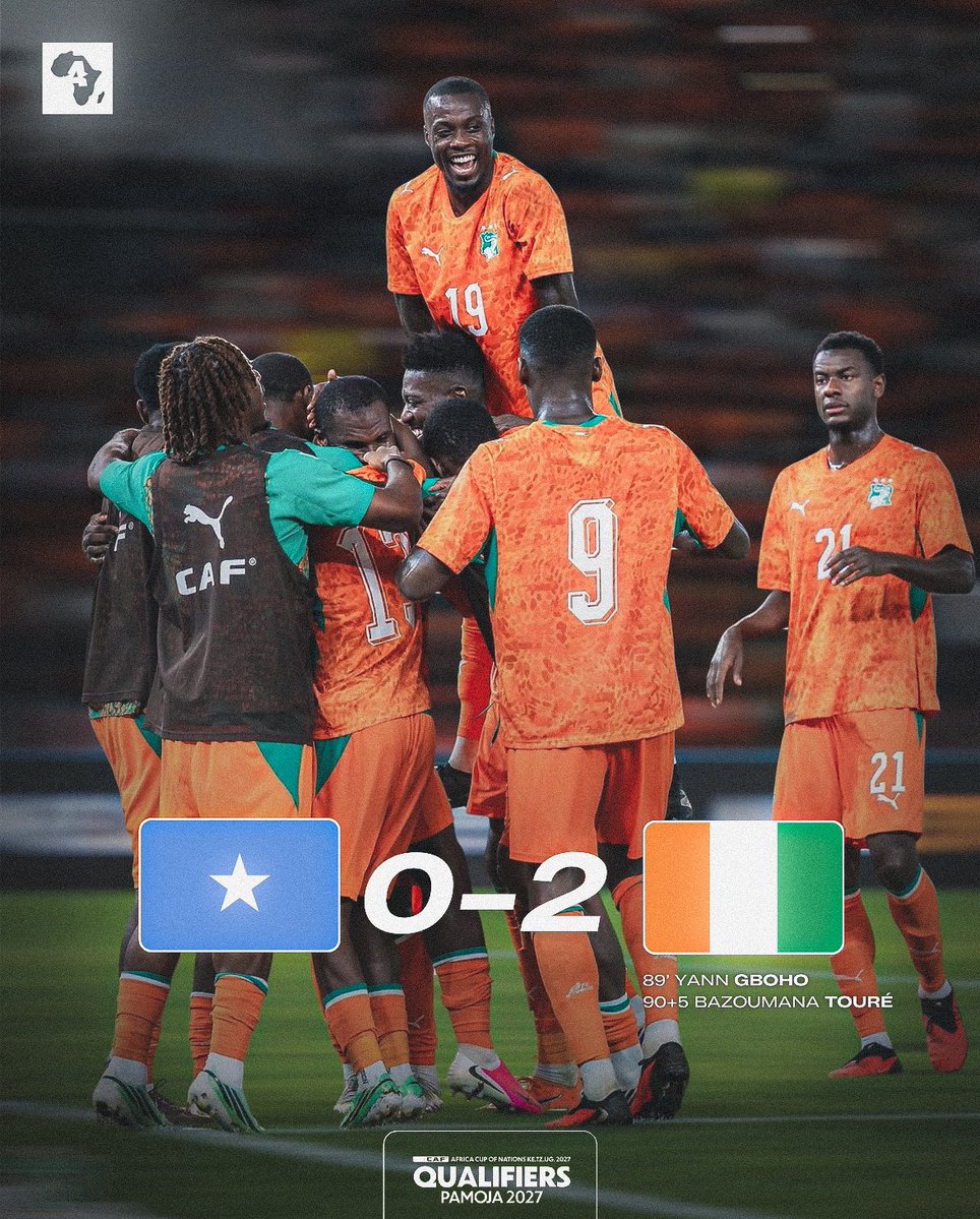 ActuFootAfrique's tweet photo. 🚨 La Côte d’Ivoire 🇨🇮 𝑩𝑨𝑻 la Somalie 🇸🇴 et réalise le 2️⃣/2️⃣ ! 🌍🔥 https://t.co/gDTluOWnyF