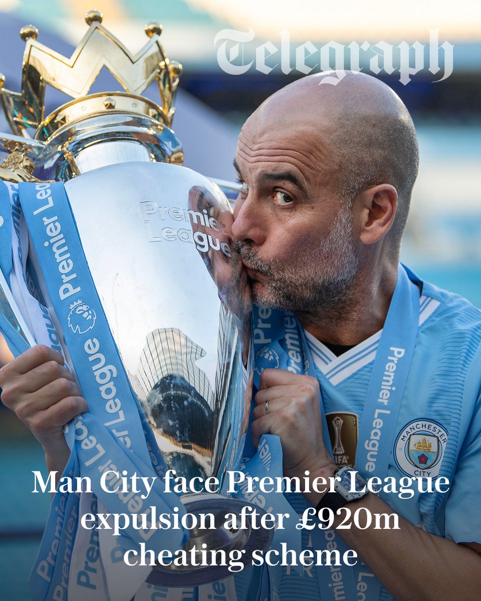 TeleFootball's tweet photo. Manchester City could be expelled from the Premier League after their near-£1 billion cheating scandal was laid bare.

@ben_rumsby has more 👇
https://t.co/qNxlLpvtY9 https://t.co/X1bHEa8Pe1