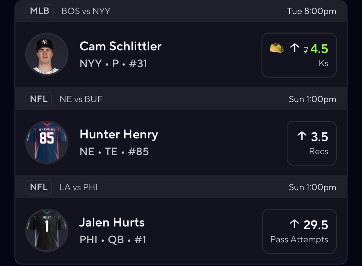 ArminBets's tweet photo. Cam Schlittler PrizePicks Taco Slip! 

Hunter Henry OVER 3.5 REC 

Jalen Hurts OVER 29.5 Pass Att

Like if you’re tailing! ❤️ https://t.co/Ej1eUaQx38