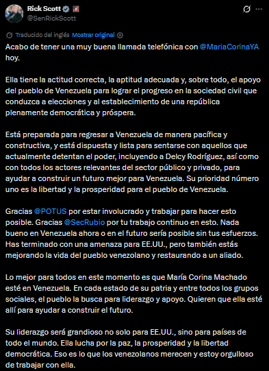 Norbey_Marin_'s tweet photo. El senador Rick Scott respalda el regreso de María Corina Machado | #29S 

El senador Rick Scott informó sobre una conversación telefónica con María Corina Machado, destacando su capacidad y respaldo popular para impulsar la democracia y la prosperidad en Venezuela. Señaló que Machado está lista para regresar al país de forma pacífica y entablar diálogo con figuras como Delcy Rodríguez y con diversos sectores de la sociedad, reafirmando que su presencia en el territorio nacional es clave para el futuro venezolano. Scott agradeció la intermediación de la administración estadounidense y del secretario Marco Rubio por sus esfuerzos continuos para eliminar amenazas regionales y restaurar un aliado democrático.